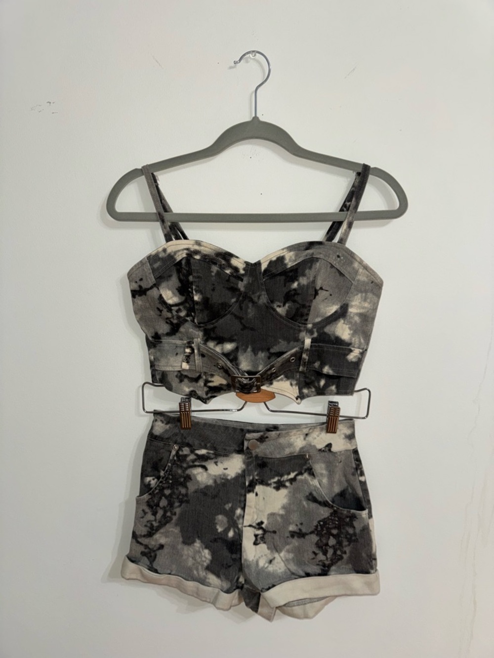 Tie-Dye Black & Cream Bustier Crop Top and Shorts Set